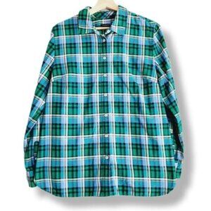TALBOTS 100% Cotton Plaid Button Front Shirt Blue & Green Sz L